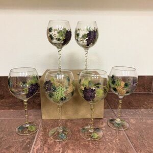 WINE GLASSES - set 6 Hand Painted GRAPES, VINES, LEAVES Design Wine Glasses 8.5"